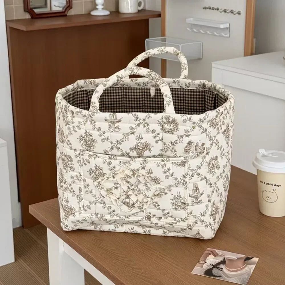 NWT Vintage Floral Quilted Storage Basket Fabric Organizer Bin Handles Lg